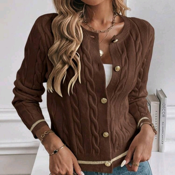 Women's Casual Contrast Trim Button Front Cardigan, Autumn/Winter - Picture 1 of 4